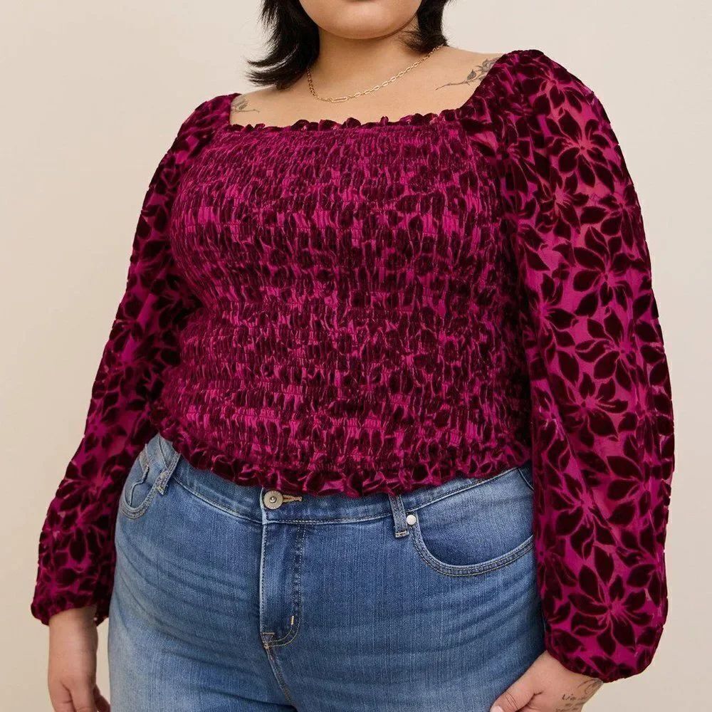 Torrid Velvet Smocked Blouson Sleeve Crop Top